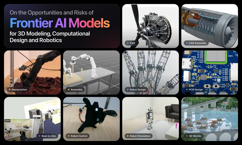Survey teaser: the title and ten examples in CAD, CAD assembly, manipulation, assembly, robot design, PCB design, real-to-sim, robot control, robot simulation and 3D worlds