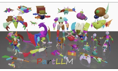 PartLLM teaser showing 3D part segmentation across diverse objects